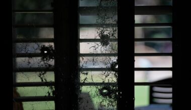 Ein von Kugeln durchlöchertes Fenster von einem Haus im Kibbuz Kfar Azza.