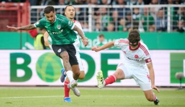 Oliver Batista Meier erzielt Münsters 1:0 - Nürnbergs Kapitän und Abwehrchef Fabio Gruber ist machtlos.