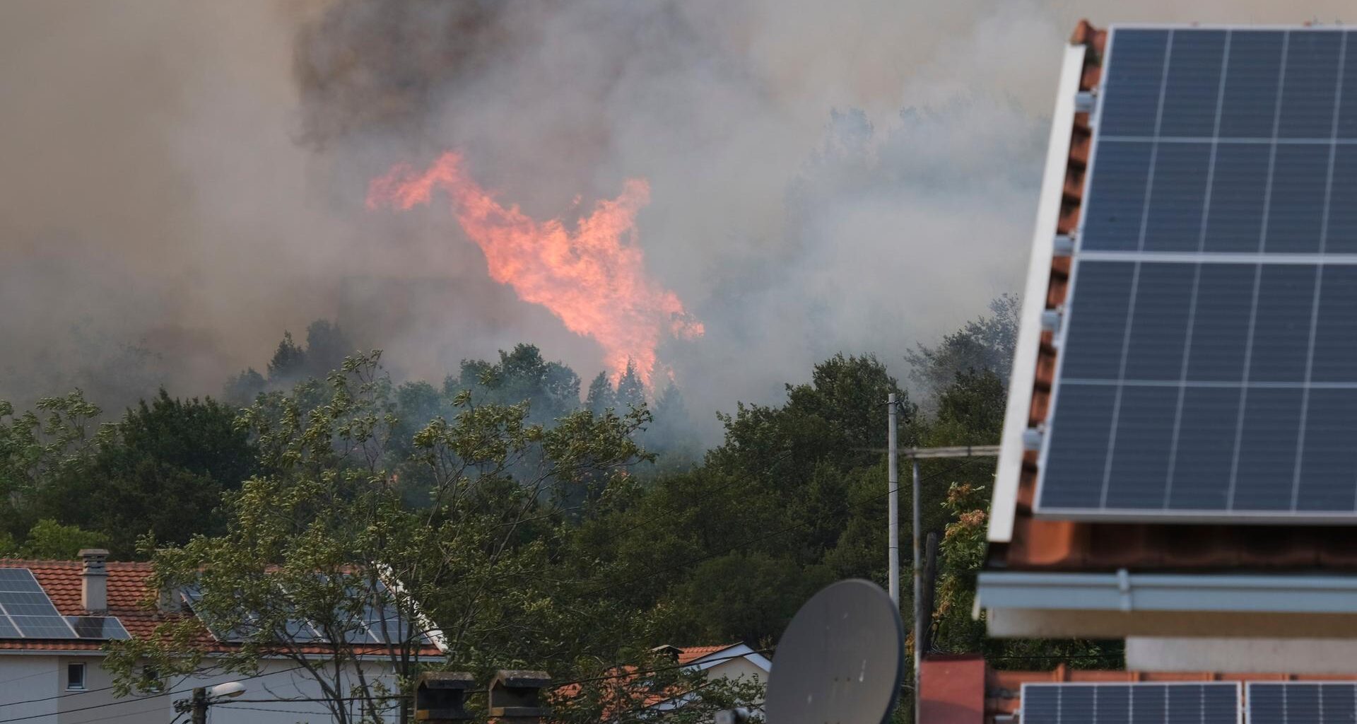 Rauch und Flammen steigen von Bäumen auf, die bei einem Waldbrand in der Nähe von Montenegros Hauptstadt Podgorica brennen.