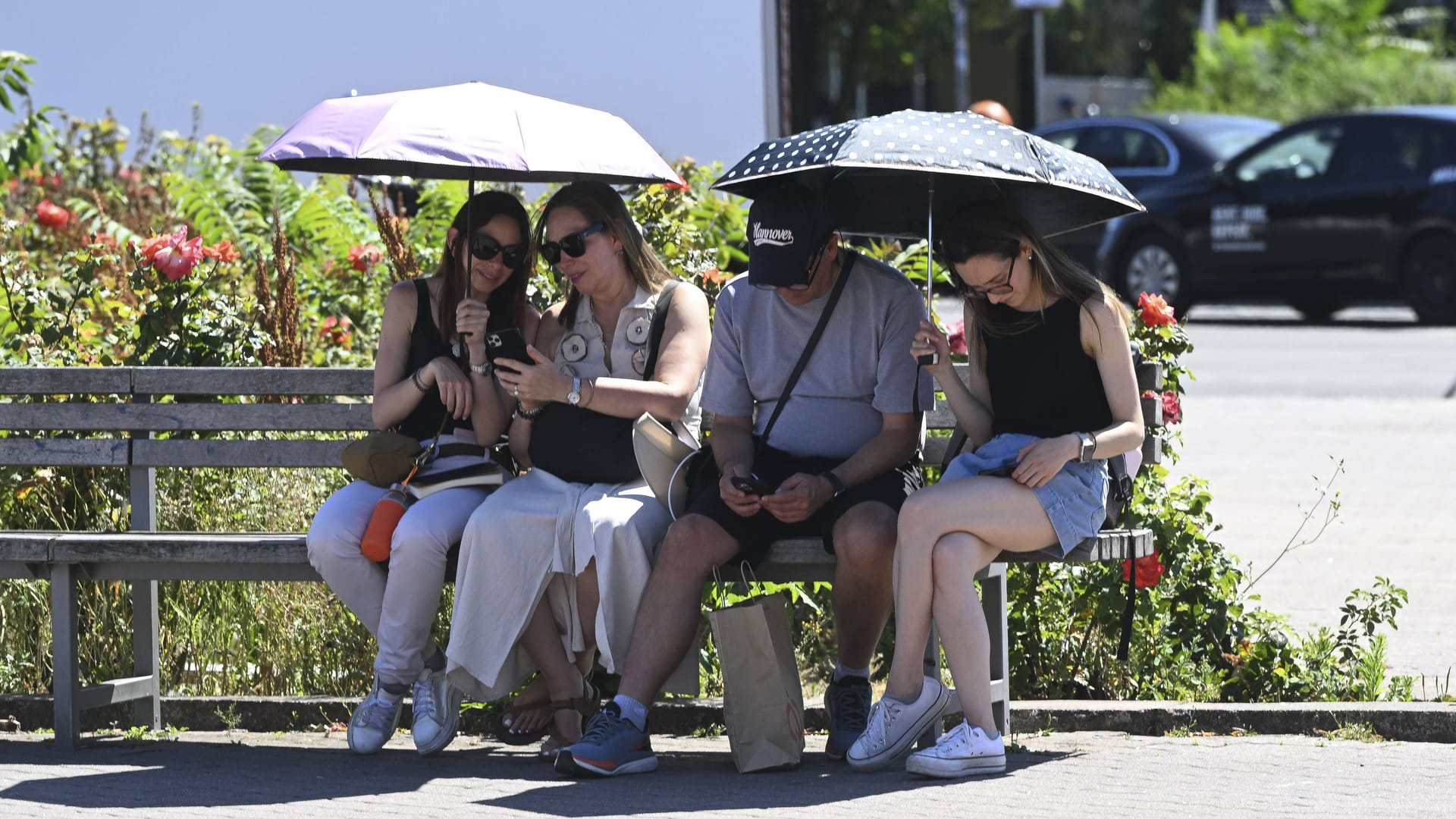Personen suchen Schutz vor der Sonnen unter Schirmen (Symbolbild): Berlin erwartet wieder hochsommerliche Temperaturen.