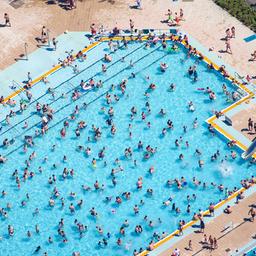 Kinder und Erwachsene baden und sonnen sich am 30.06.2019 im Sommerbad Wuhlheide in Berlin. (Quelle: dpa-Bildfunk/Gregor Fischer)