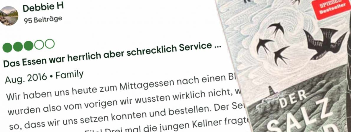 Trotz hervorragender Bewertungen: Debbie bewertet ein Café ähnlich wie Raynor Winn (Foto: Screenshot Tripadvisor/ Collage: literaturcafe.de)