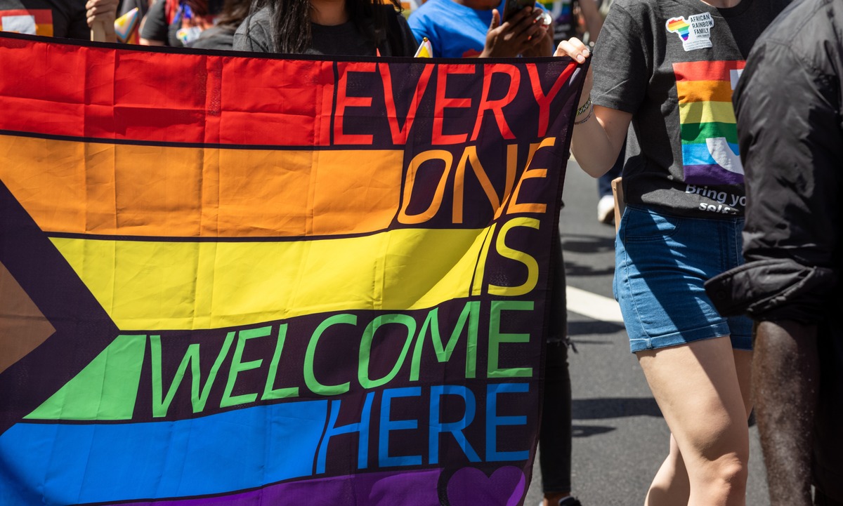 'Everyone Is Welcome Here' rainbow flag at London Pride