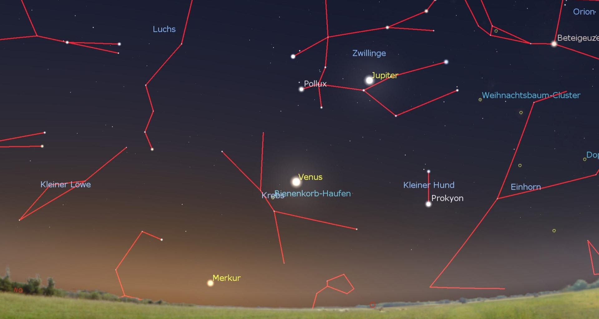 Sternenhimmel, bei dem Sternbilder nachgezeichnet und beschriftetet sind. Farblich hervorgehoben sind Jupiter, Venus und Merkur.