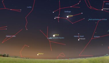 Sternenhimmel, bei dem Sternbilder nachgezeichnet und beschriftetet sind. Farblich hervorgehoben sind Jupiter, Venus und Merkur.