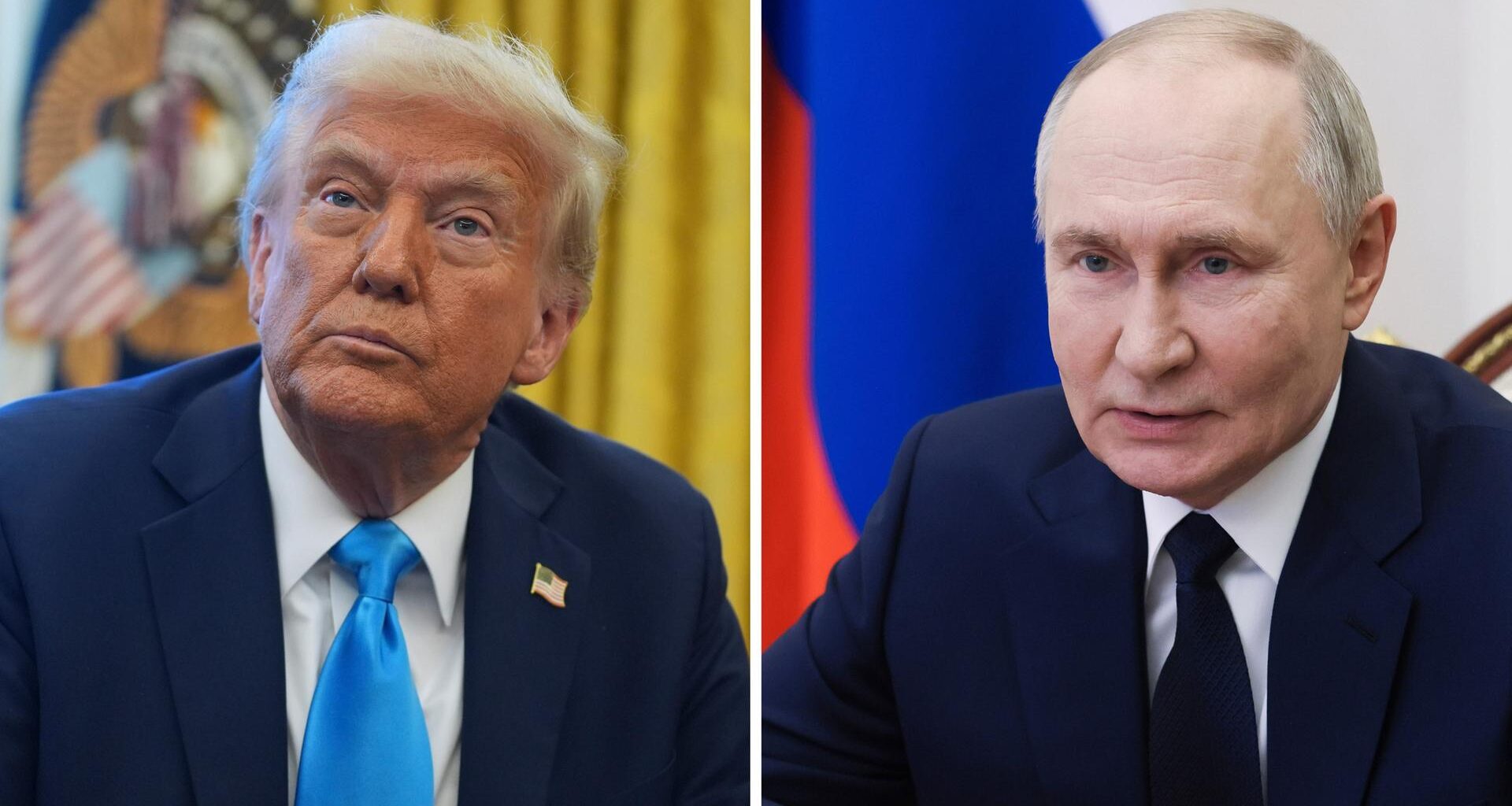 Die Kombo aus Archivbildern zeigt links Trump im Oval Office des Weißen Hauses und rechts Wladimir Putin im Kreml. Beide tragen dunkle Anzüge.
