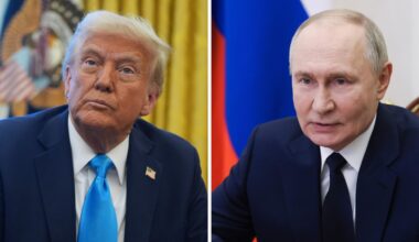 Die Kombo aus Archivbildern zeigt links Trump im Oval Office des Weißen Hauses und rechts Wladimir Putin im Kreml. Beide tragen dunkle Anzüge.