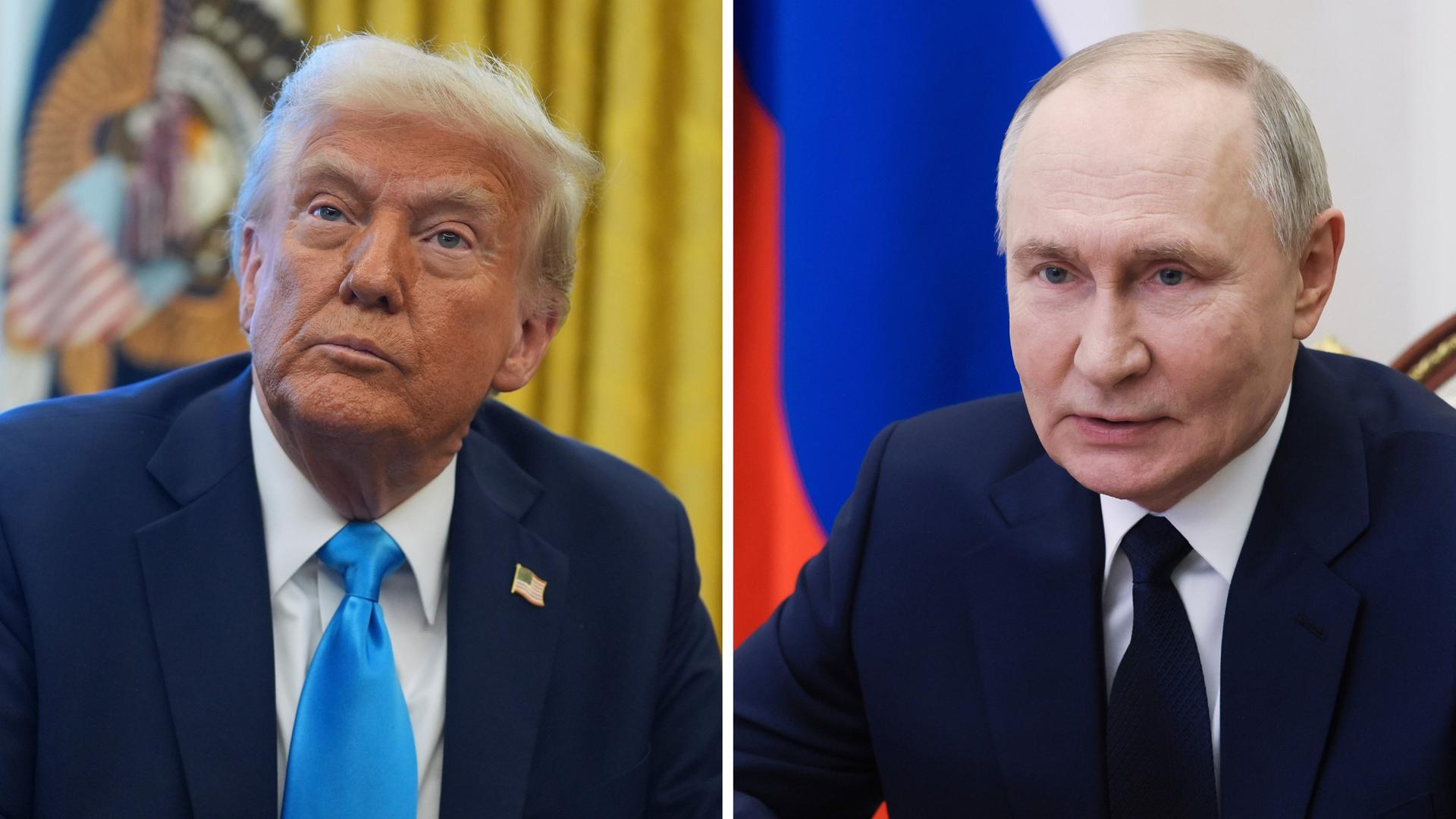 Die Kombo aus Archivbildern zeigt links Trump im Oval Office des Weißen Hauses und rechts Wladimir Putin im Kreml. Beide tragen dunkle Anzüge.