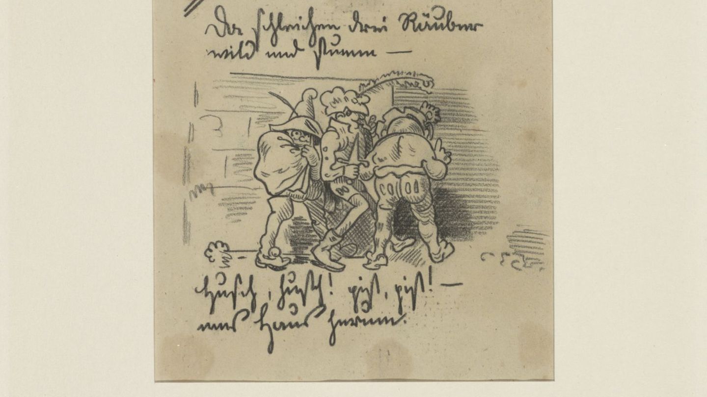 Die Zeichnung von Wilhelm Busch "Die drei Räuber". (Handout) Foto: Antje Penz/ Staatliche Museen zu Berlin, Kupferstichkabinett