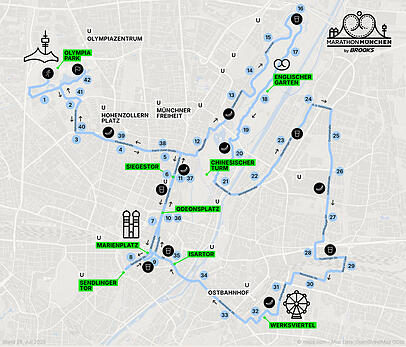 So verläuft die Route des diesjährigen München-Marathons. Start und Ziel sind jeweils im Olympiapark.