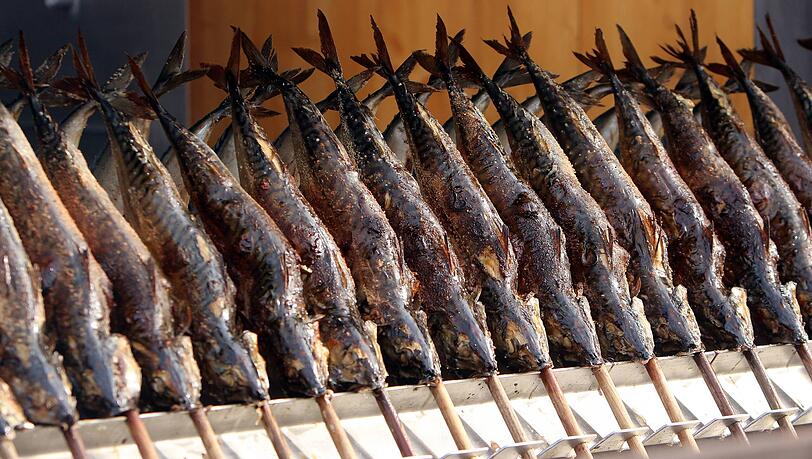 Bayerische Spezialität auf dem Oktoberfest: Steckerlfisch (Forelle) gart auf einem Grill im Biergarten des Festzelts Fischer-Vroni.