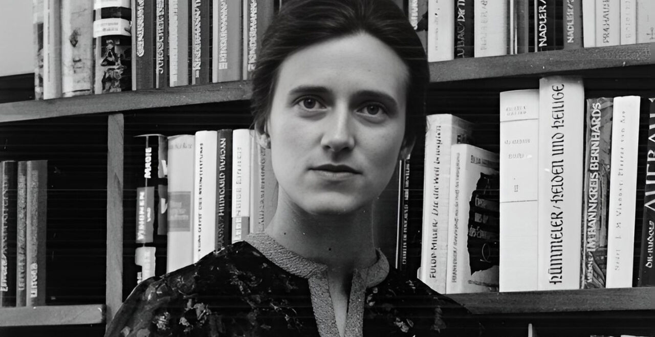 Erentraud Müller - Schwarz-weißes Foto von Erentraud Müller als junge Frau, vor einem Bücherregal stehend, mit Buch in der Hand und Blick in die Kamera - © Otto Müller Verlag Salzburg
