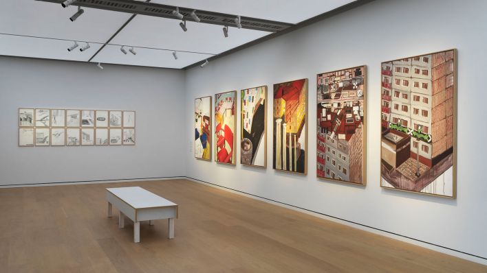 Sabine Moritz, Installationsansicht der Ausstellung Wohnkomplex. Kunst und Leben im Plattenbau, DAS MINSK Kunsthaus in Potsdam 2025. Privatsammlung; Atelier Sabine Moritz, Köln. (Quelle: Jens Ziehe)