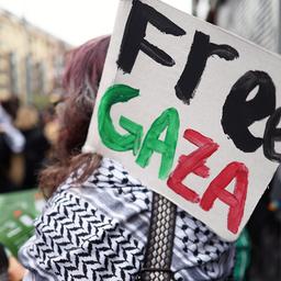 Eine Teilnehmerin einer propalästinensischen Demonstration hält ein Schild mit der Aufschrift "Free Gaza" hoch. (Quelle: dpa/Jörg Carstensen)