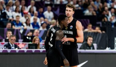 Basketball Riga 10.09.2025 DBB Länderspiel Männer Herren EuroBasket 2025 Viertelfinale Deutschland (GER) - Slowenien (SLO) Tristan Da Silva (Deutschland, No.05) Dennis Schröder Schroeder (Deutschla...
