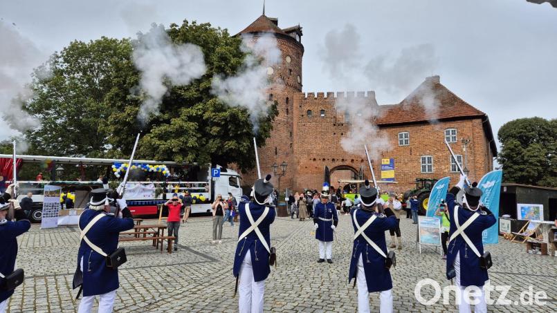 Vor dem Stadttor von Neustadt-Glewe feuerte die historische Bürgerwehr aus Neustadt/WN ihre Salutsalven ab. Seit Jahren ist das der lauteste Programmpunkt der jährlichen Treffen von Delegationen der Arbeitsgemeinschaft "Neustadt in Europa". Bild: Hermann Schmid