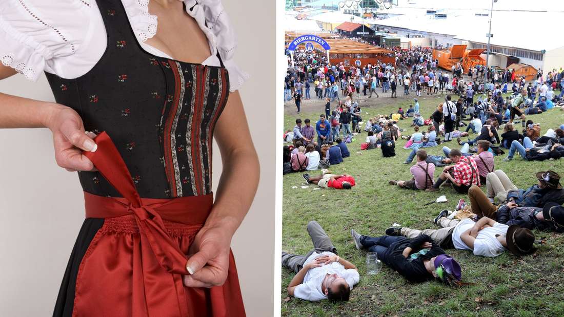 Eine Frau bindet ihr Dirndl, rechts ein Bild vom „Kotzhügel“