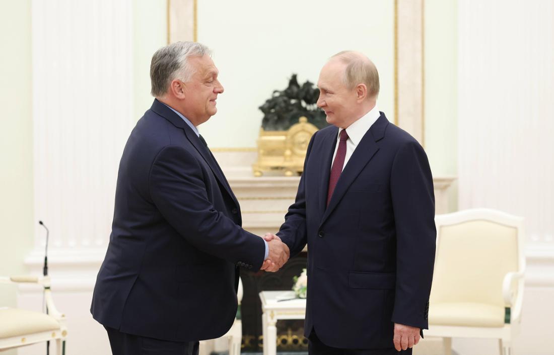 Russia Hungary 8722873 05.07.2024 Russian President Vladimir Putin shakes hands with Hungarian Prime Minister Viktor Orb