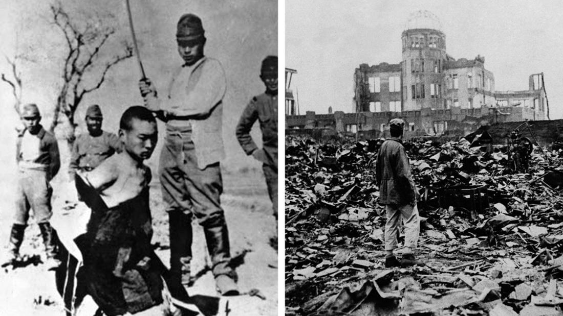 Ein japanischer Soldat köpft einen chinesischen Zivilisten in Nanjing. Daneben ein Bild des zerstörten Hiroshima nach dem Atombombenabwurf 1945.