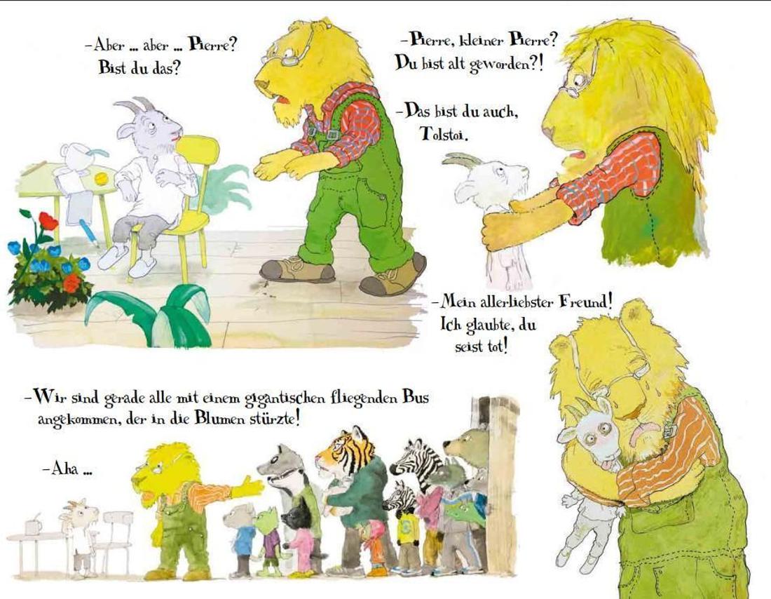 In Balanka angekommen: Löwe Tolstoi trifft im Buch „Der fantastische Bus“ seinen alten Freund, den Bock Pierre, wieder.