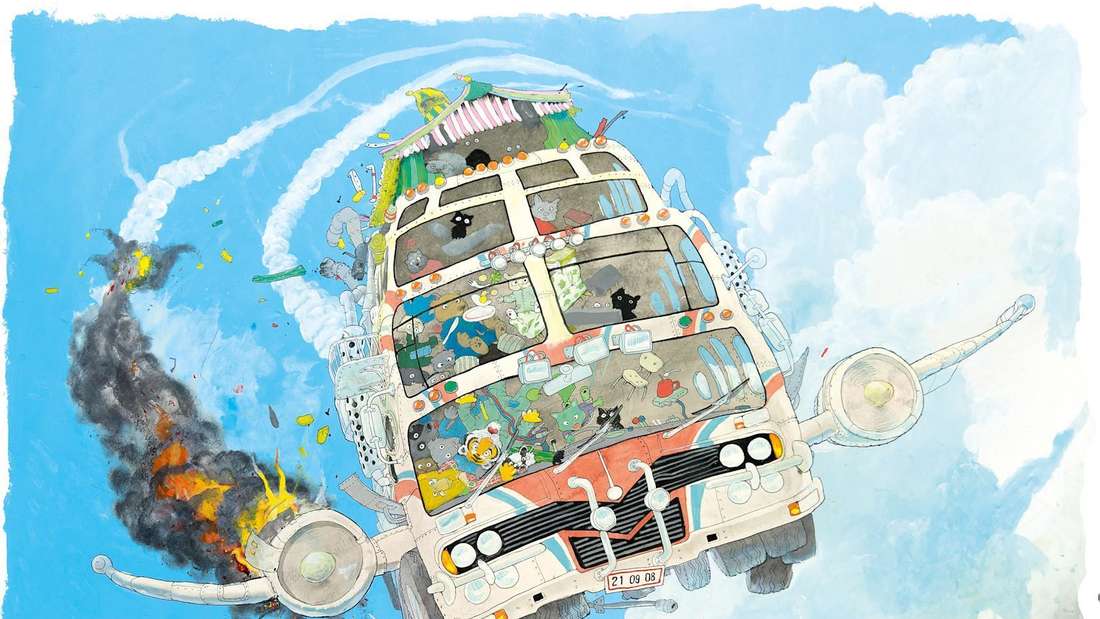 Das Triebwerk brennt! Die tierischen Freunde trotzen in Jakob Martin Strids Kinderbuch „Der fantastische Bus“ jeder Gefahr.
