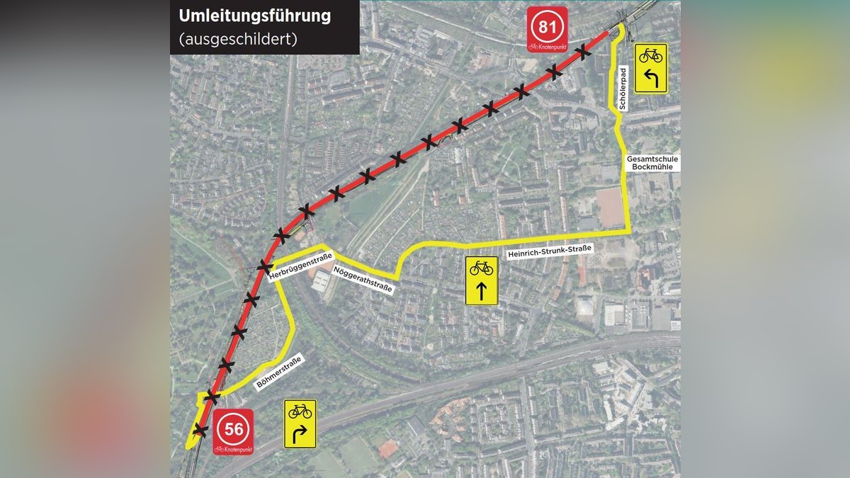 Die Rheinische Bahn zwischen Essen und Mülheim wird ab 8. September gesperrt und asphaltiert. Diese Umleitung ist für Radfahrer vorgesehen.