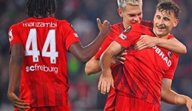 Der SC Freiburg gewinnt 2:1 gegen den FC Basel im Europapokal. Fans und Spieler feiern den ersten Sieg im Europapokal.