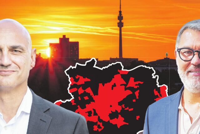 Auf einer Fotomontage ist ein Sonnenaufgang hinter der Dortmunder Skyline zu sehen, davor eine Karte mit den mehrheitlichen Partei-Präferenzen bei der Oberbürgermeister-Stichwahl 2025, dazu die beiden Kandidaten Alexander Kalouti und Thomas Westphal.