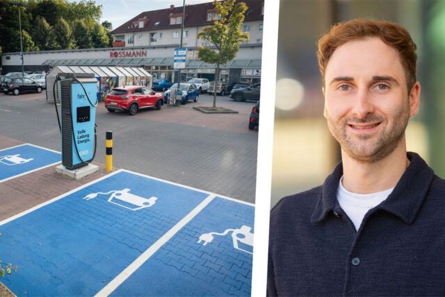 Neue Ladesäule auf dem Parkplatz am Einkaufszentrum in Dortmund-Kirchlinde; David Möller-Hehn, Sprecher des Stromversorgers DEW21.