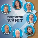 Auf einer Fotomontage sind sieben der Oberbürgermeister-Kandidaten für Dortmund zu sehen sowie ein Blumenstrauß.