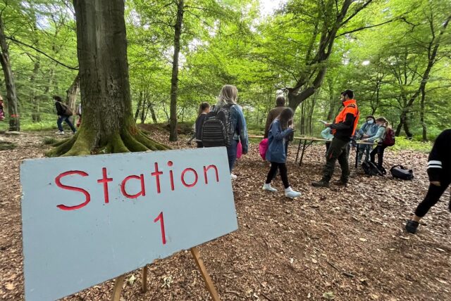 Ein Schild weist im Hertener Schlosswald auf „Station 1“ bei den Waldjugendspielen hin.