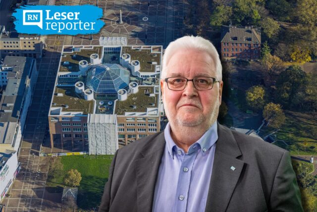 Der Dortmunder OB-Kandidat der AfD Heiner Garbe in einer Fotomontage mit einem Luftbild des Dortmunder Rathauses, in dem die Stadtverwaltung sitzt.