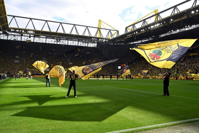 BVB-Fans schwenken Fahnen auf dem Rasen des Signal Iduna Park.