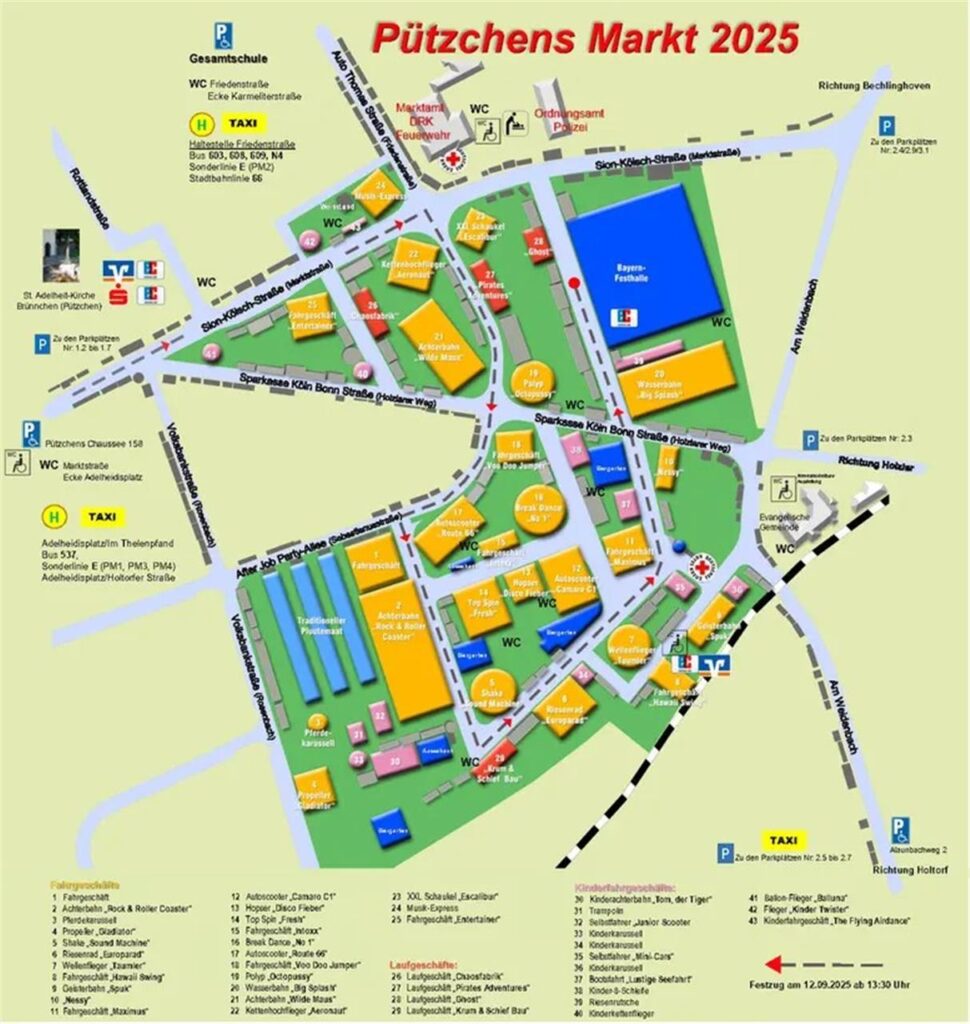 Der Lageplan für den Pützchens Markt 2025 in Bonn. Hier sind alle Fahrgeschäfte, Laufgeschäfte, Kinderfahrgeschäfte, Parkplätze, Toiletten, Bushaltestellen, Geldautomaten und Standorte des DRK zu sehen.
