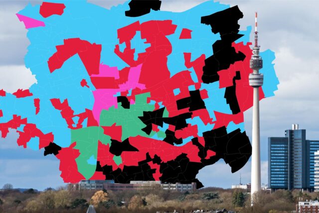 Eine Karte von Dortmund zeigt die Ergebnisse der Kommunalwahl 2025: