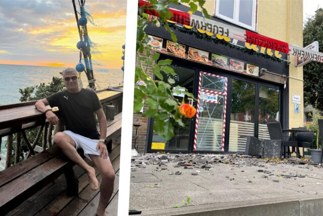 Zafer Aktadag, Chef des türkischen Imbiss-Restaurants „Tadim“ an der Rahmer Straße in Wischlingen. Das Restaurant ist am Dienstag (16.9.) noch abgesperrt. Dachziegel liegen auf der Terrasse. Anfang September hatte es dort gebrannt, Aktadag war zu dem Zeitpunkt im Urlaub.