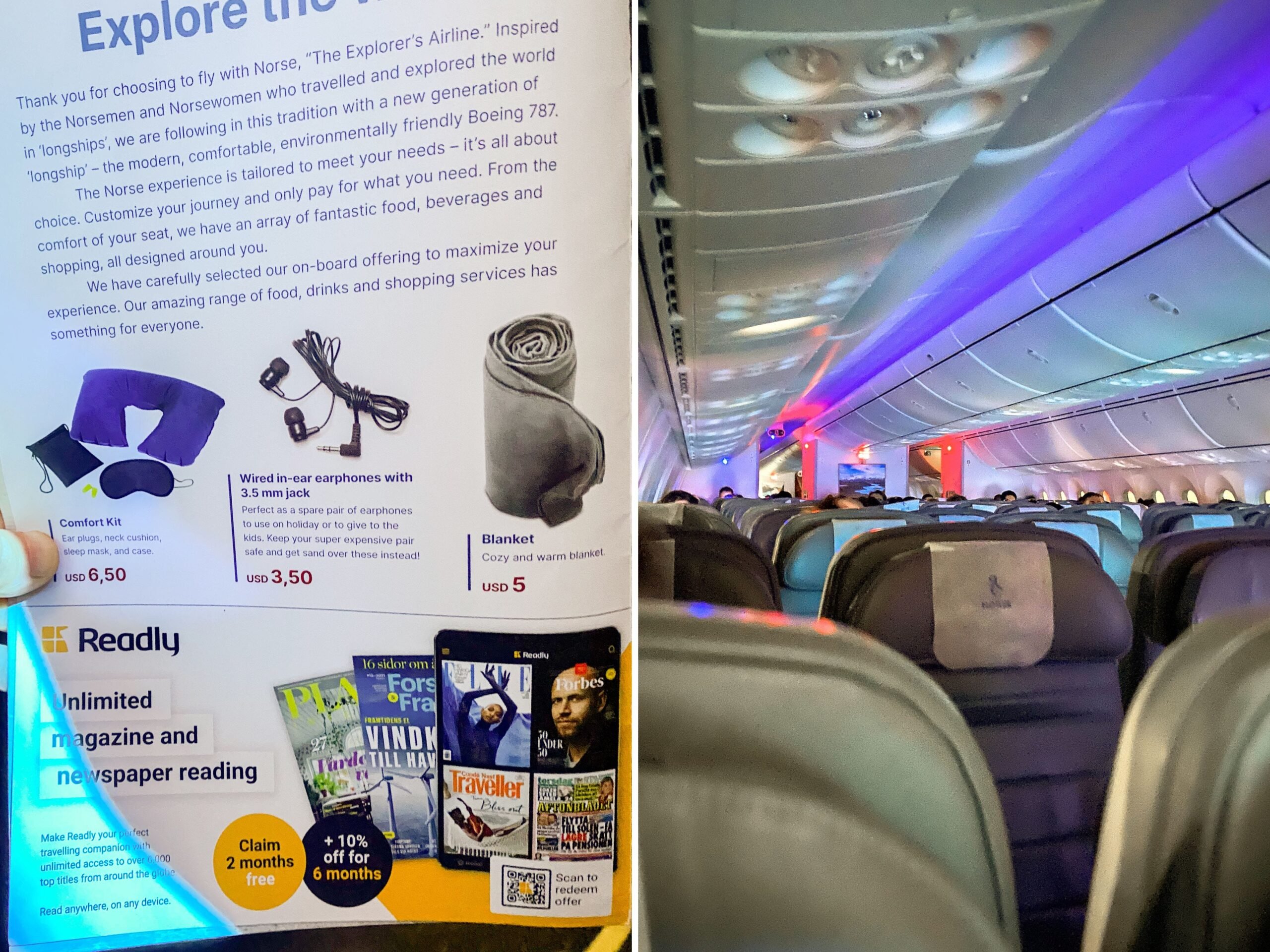Ein zusammengesetztes Bild eines Menüs mit Annehmlichkeiten auf einem Flug und einer Flugzeugkabine bei Nacht
