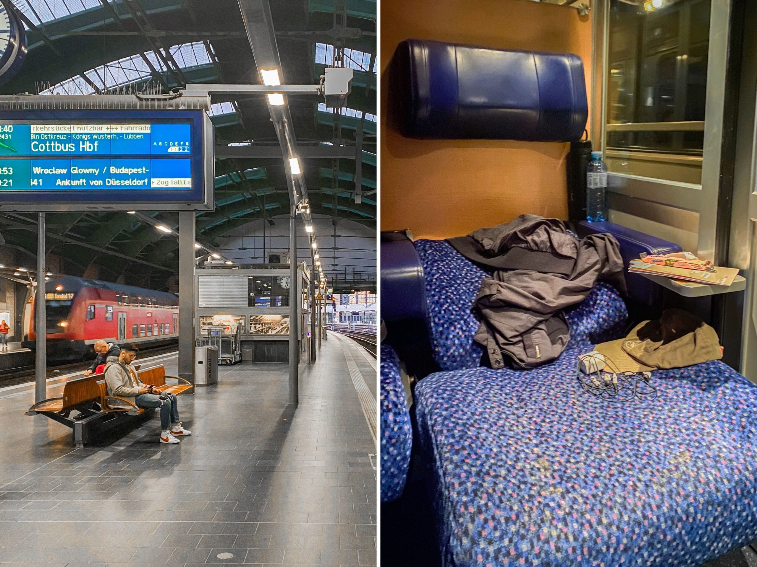 Ein zusammengesetztes Bild von Passagieren, die auf einer Bank auf einem Bahnsteig sitzen, während links ein roter Zug einfährt und im Zug ein blauer Sitz zurückgelehnt ist.