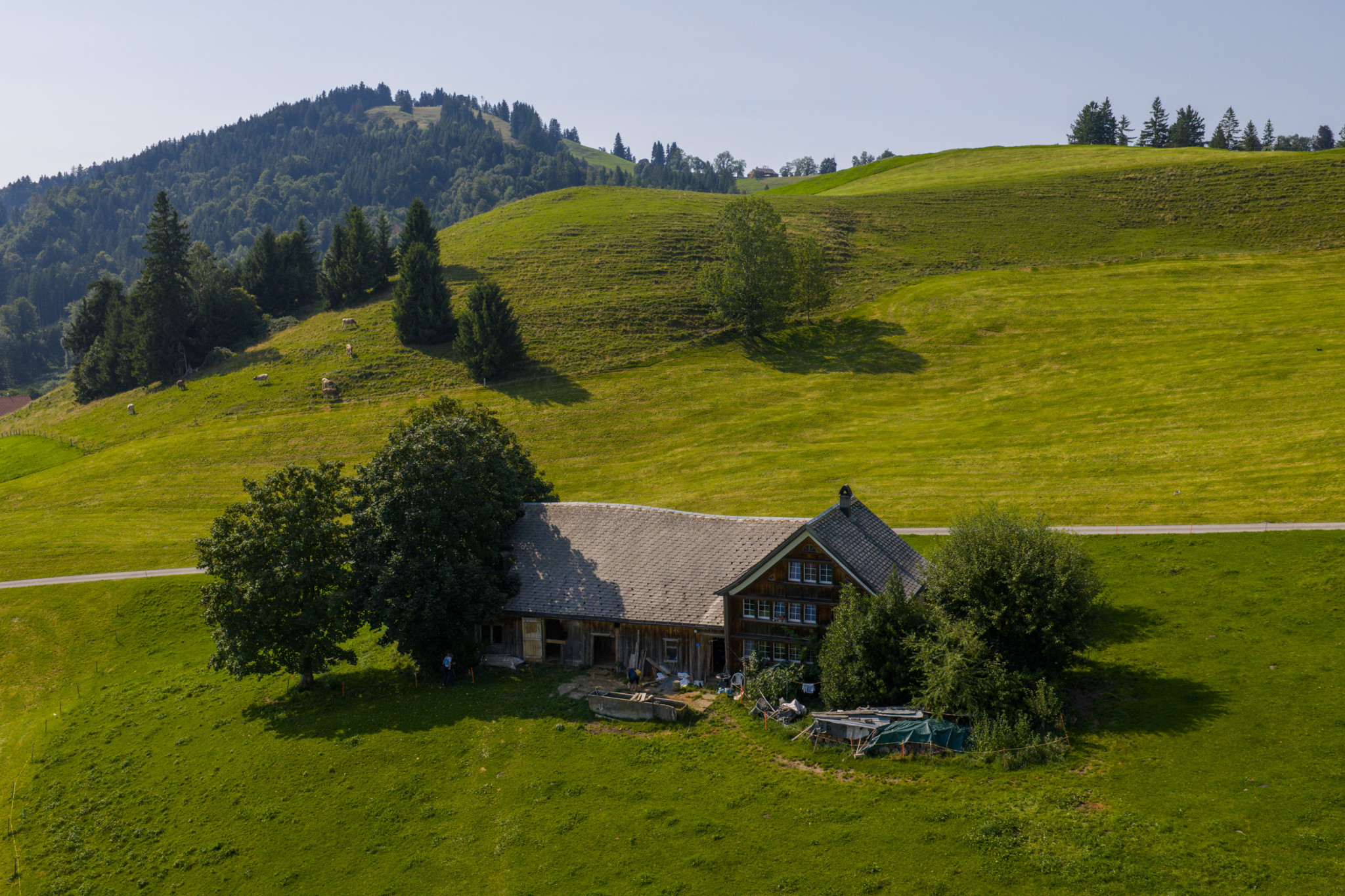 Bauernhof von Johann Hautle in Gonten, umgeben von grünen Hügeln und Bäumen.
