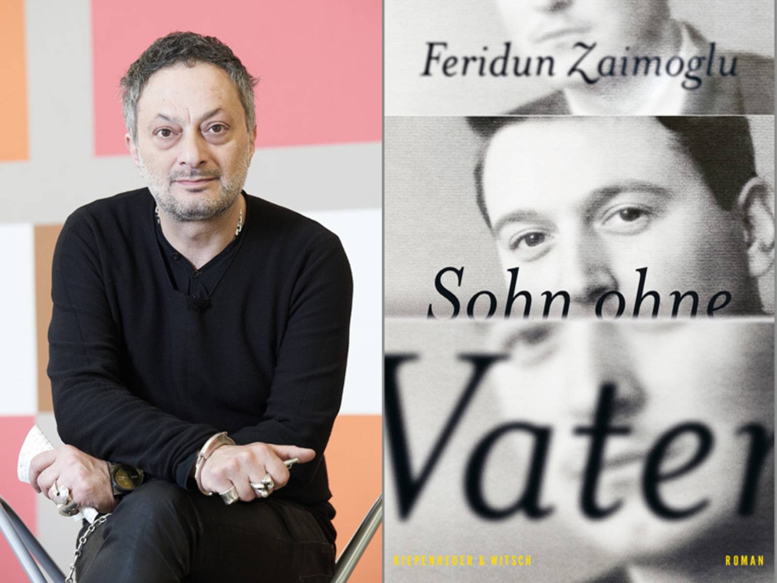 Collage mit dem Autor Feridun Zaimoglu und seinem Buch „Vater ohne Sohn“