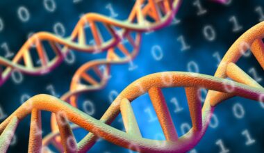 3-D-Darstellung von DNA-Doppelhelixen, die in warmen Farben dargestellt sind. Im Hintergrund sind binäre Zahlen (0 und 1) sichtbar, die auf die Verbindung von Genetik und Datenverarbeitung hinweisen. Die Szene vermittelt ein Gefühl von Wissenschaft und Technologie.
