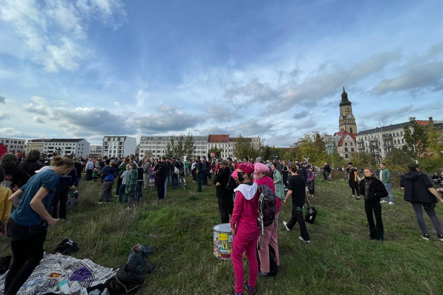 Hunderte Menschen auf einer Wiese.