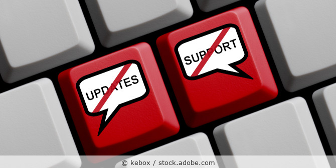 Tastatur, bei der zwei Tasten jeweils das Wort Update und Support durchgestrichen ist.