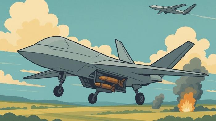 Ki-generierte Illustration zeigt eine futuristische Kampfdrohne mit ausgefahrenem Fahrwerk und geöffnetem Waffenschacht, die über einer sonnigen Landschaft mit Feldern fliegt, während am Boden Rauch- und Feuerwolken von Explosionen aufsteigen.