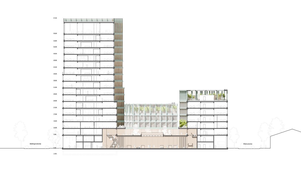 Zu sehen ist die räumliche Organisation mit Büros, Begegnungsflächen und dem verbindenden Sockelgeschoss.