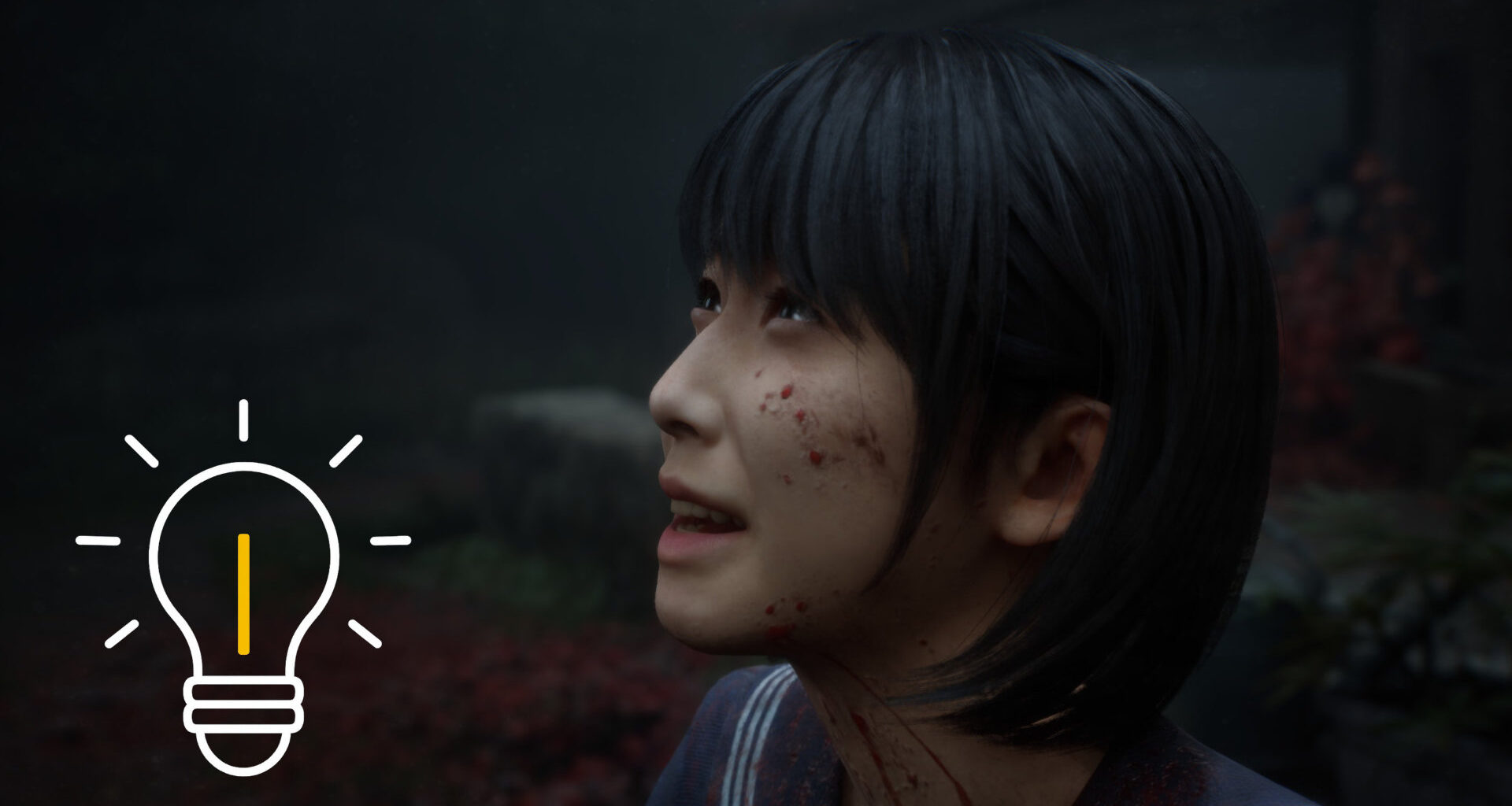 Ein japanisches Mädchen blickt weinend und mit Blutflecken im Gesicht nach oben.