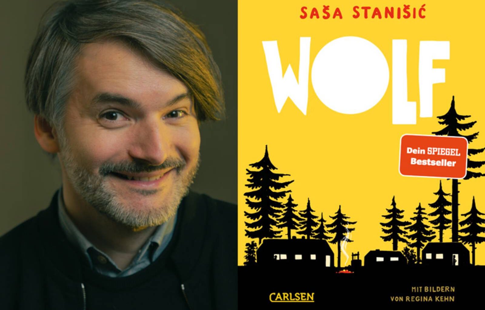Collage mit dem Autor Saša Stanišić und dem Buch „Wolf“