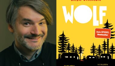 Collage mit dem Autor Saša Stanišić und dem Buch „Wolf“