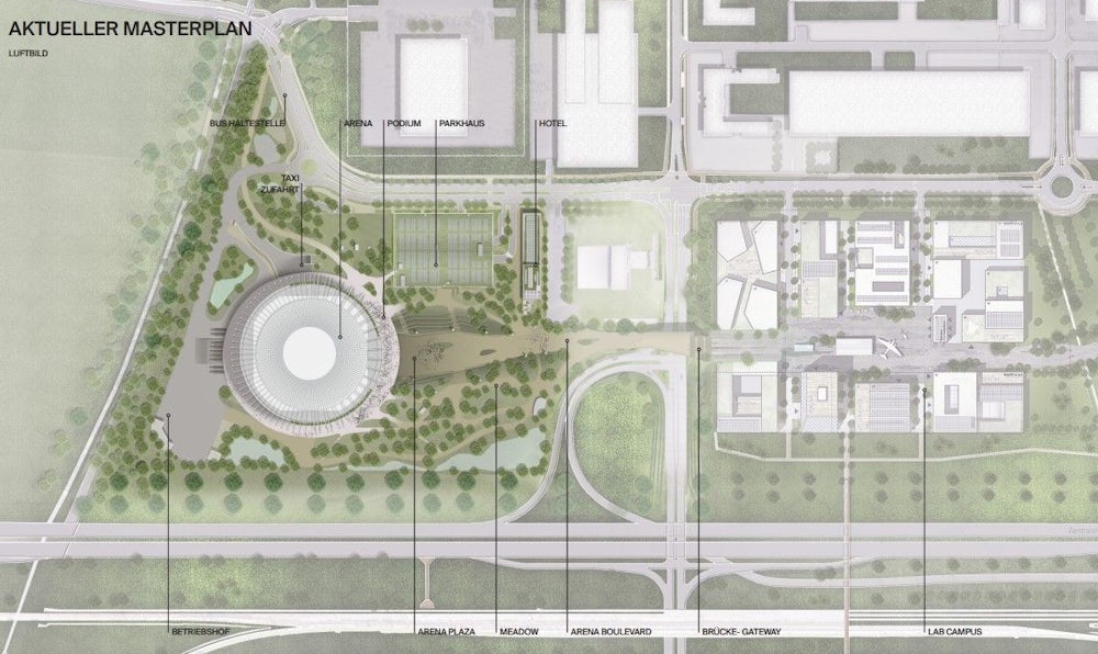 Auf dem aktuellen Masterplan ist die Lage der geplanten Arena samt Parkhaus und Hotel westlich des Lab Campus am Münchner Flughafen zu sehen.