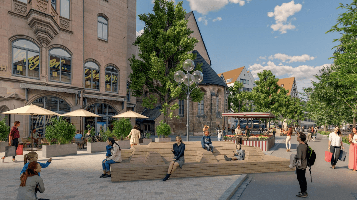 Eine Visualisierung der umgebauten Königstraße: Die zentrale Achse zwischen Hauptbahnhof und Lorenzkirche soll auch neue Sitzmöbel bekommen.